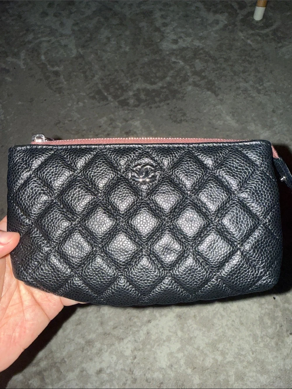 CHANEL Black Quilted Caviar Leather Zip Card Pouch Cosmetic AUTHENTIC